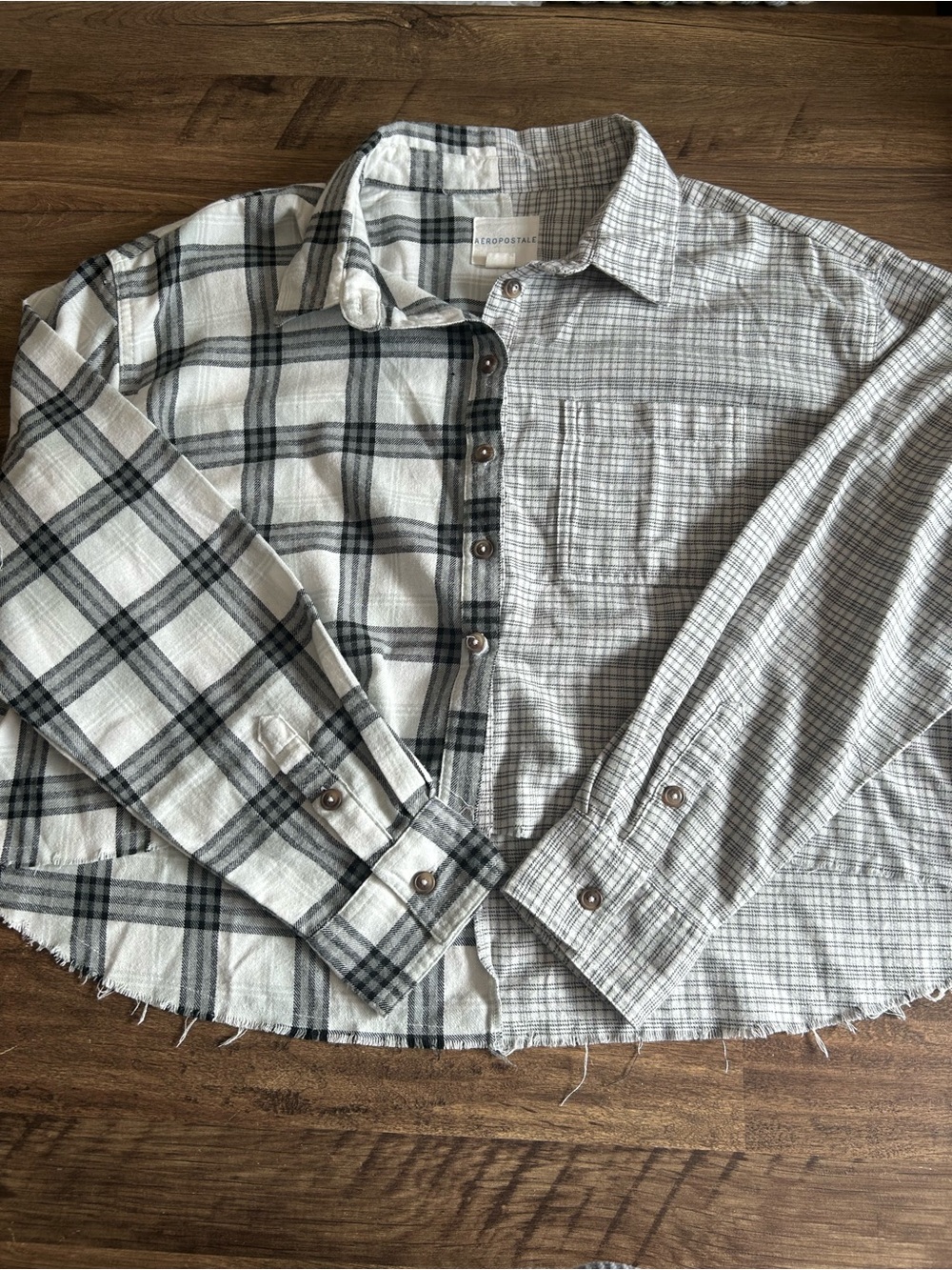 Aeropostale Mixed Sliced Plaid Cropped Flannel Shirt Raw Hem Size L